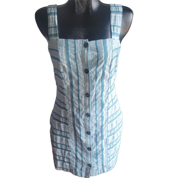 Roxy Striped Blue And White  Button Front Dress L - Picture 1 of 6